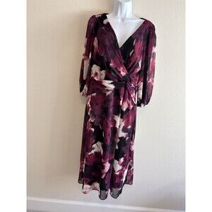 DKNY Size 8 Abstract Floral Balloon Sleeve Faux Wrap Dress - Magenta & Plum